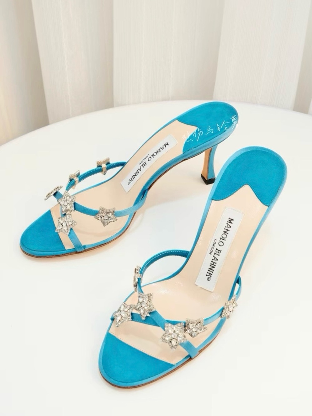 Manolo Blahnik Turquoise Satin Heels with Crystal Star Straps - Picture 3 of 7